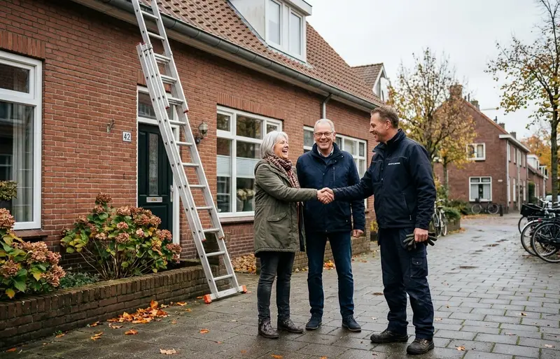 Bewoners bedanken de dakgootreiniger met een handdruk voor hun woning, de ladder staat nog tegen de gevel
