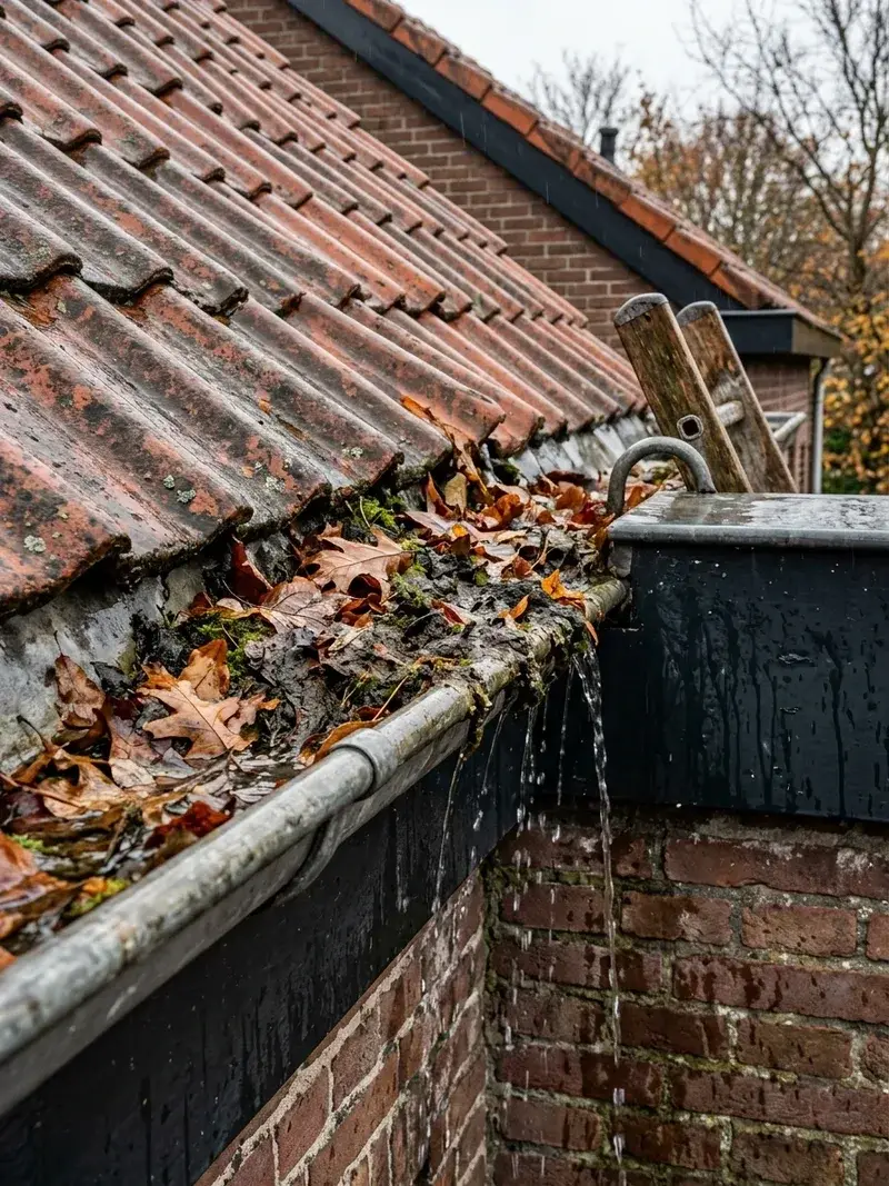 Dakgoot vol natte herfstbladeren en slib